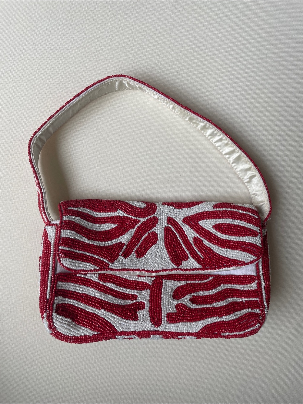 Red and White Beaded Shoulder Bag - STAUD sample sale